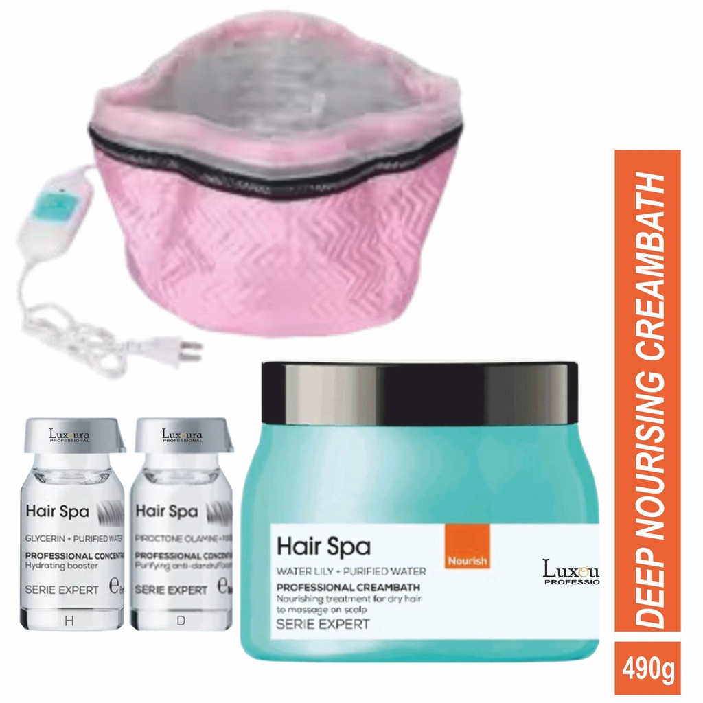 LUXOURA Professional Hair Spa Smooth Creambath 490 ml  with 2pc Ampoules & Electric Heating Cap